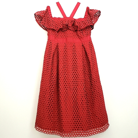 Nwt ASOS Cold Shoulder Maternity Red Eyelit Lace Circles Red Dress - Picture 3 of 16